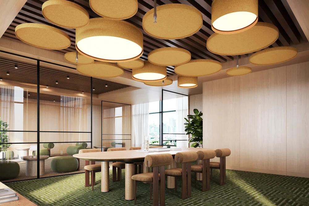 Modern commercial interior with coordinated architectural lighting systems